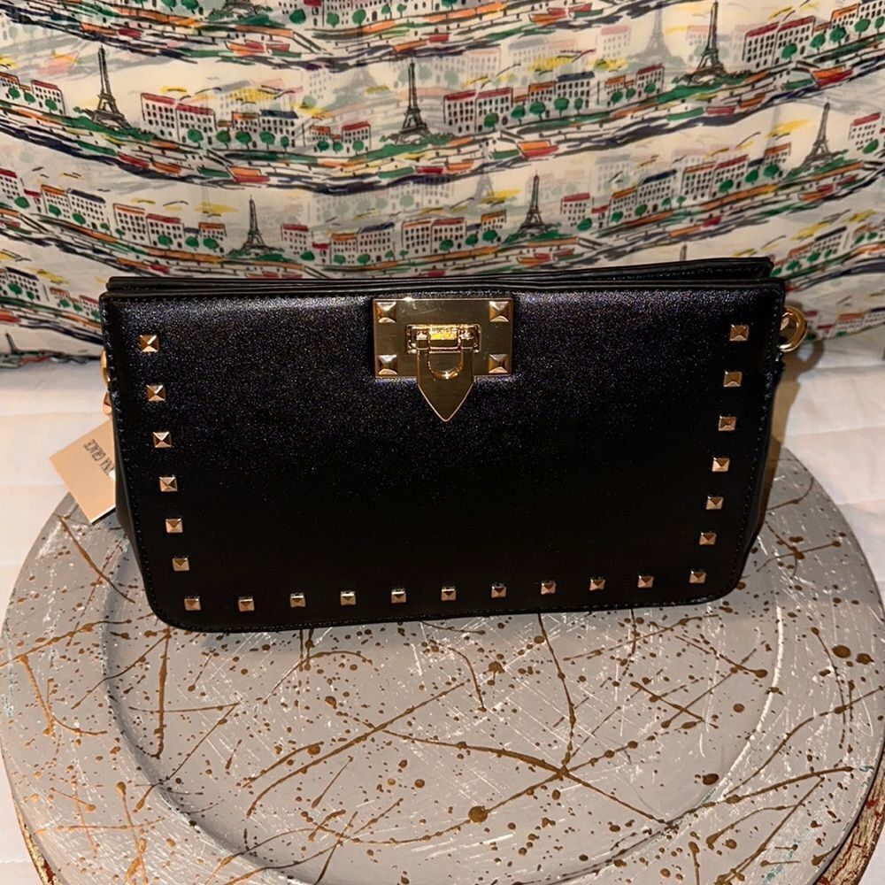 Hanna Grace Black Gold Hardware Studded Chain Strap Small Crossbody Purse